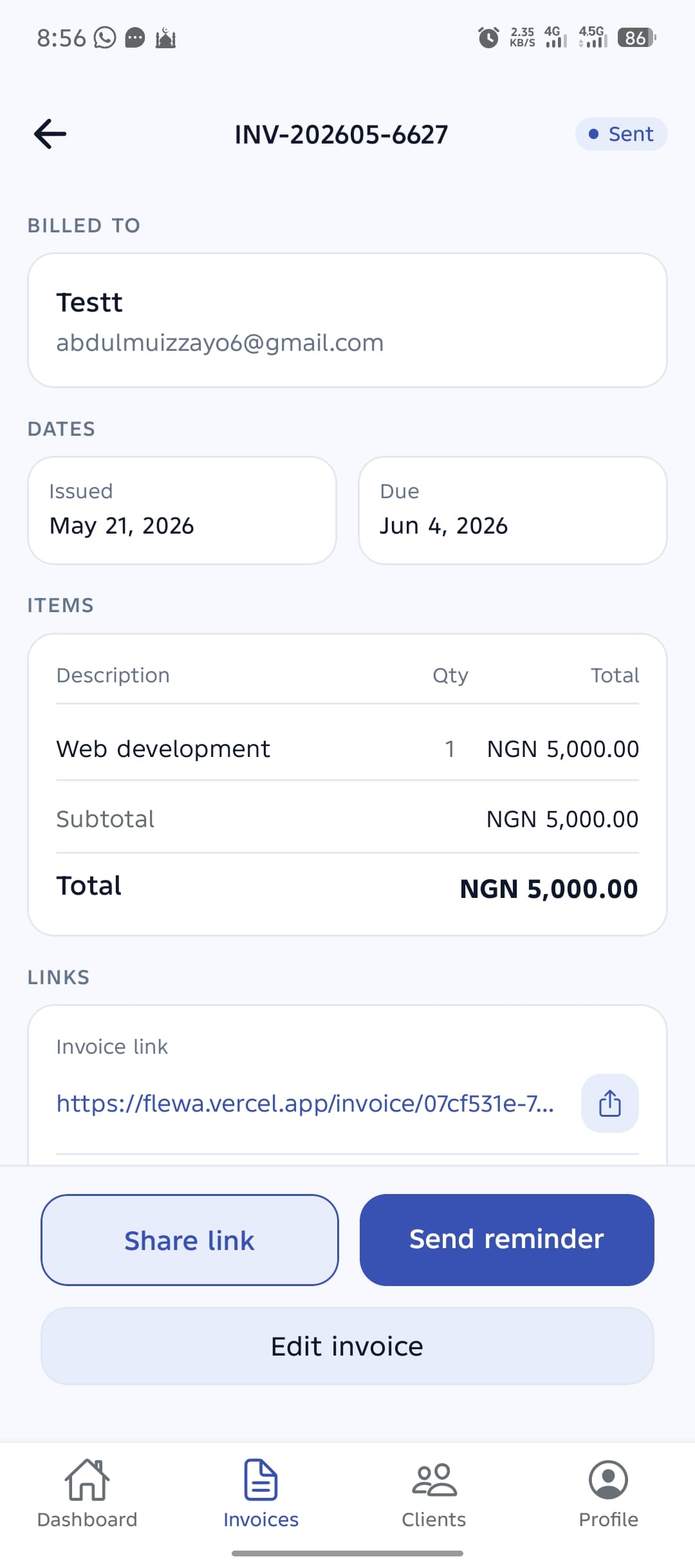Flewa sent invoice